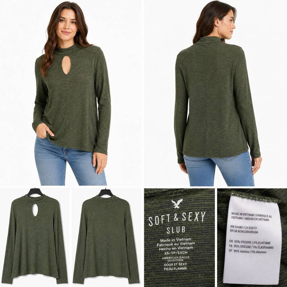 American Eagle Soft & Sexy Slub Long Sleeve Top XS Olive Green Mock Neck Keyhole